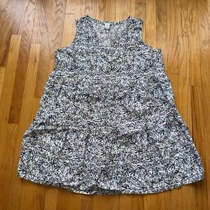 Lucky Brand Dress 1X Tiered White Blue Floral 100% Linen V Neck Swing Sundress